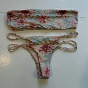 Frankies Bikinis Micro Bikini Size Small Floral Blue Pink Bandeau Cheeky